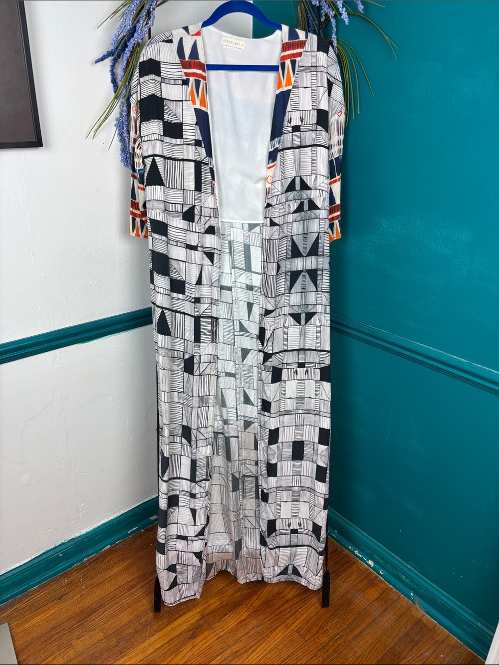 Stevie May Geometric Black & White Long Duster with Color Accent silk